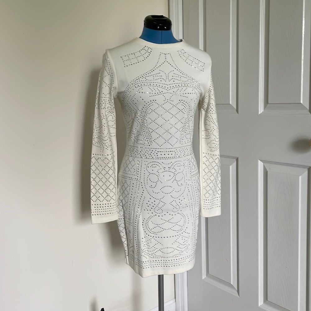 Ivory bodycon long sleeve minidress with silver embellishments